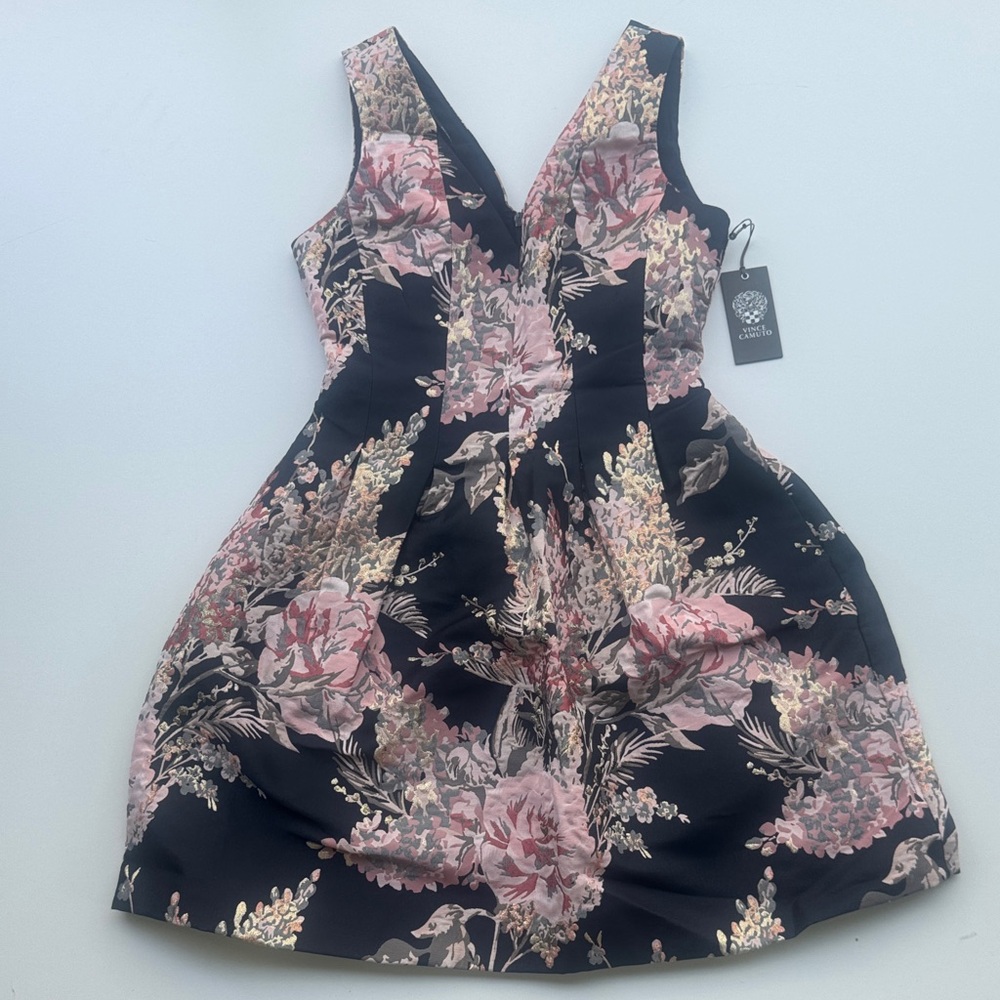 Vince Camuto Black and Pink Floral Brocade Dress